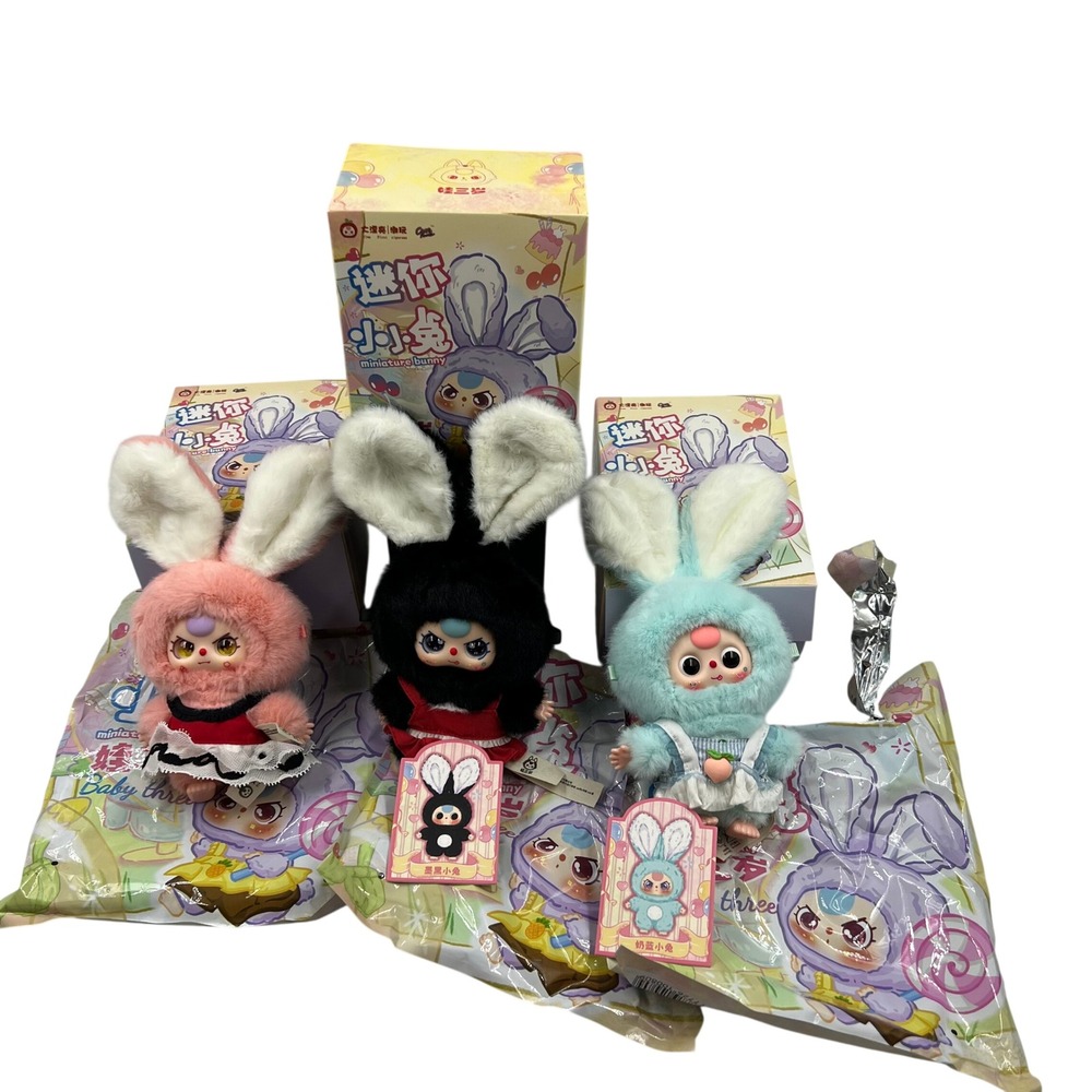 Baby Three Miniature Bunny Plush Doll Lot of 3 Pink Black Aqua Confirmed Eyes